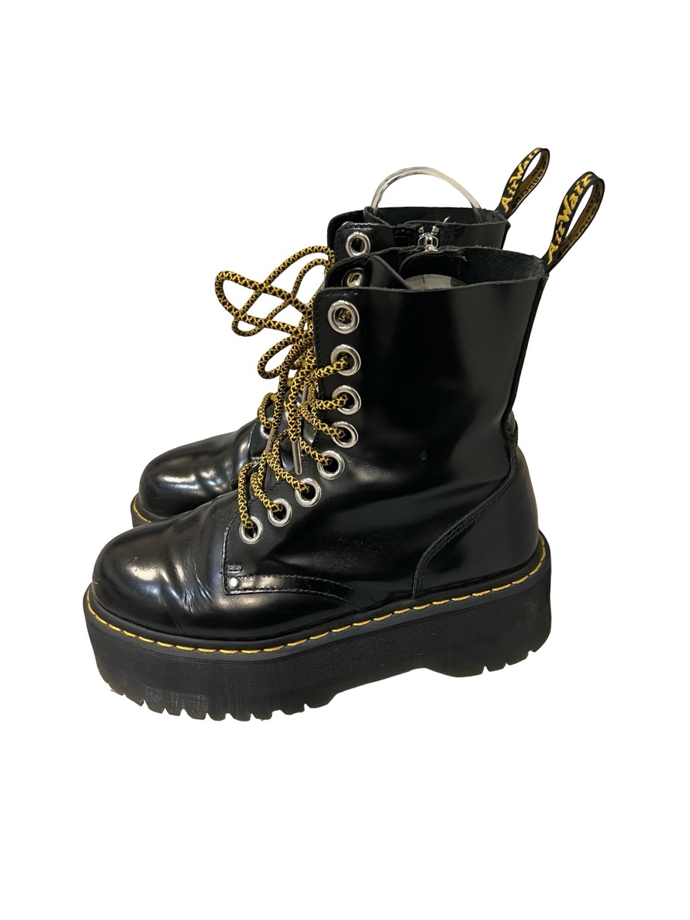 Dr. Martens Black Platform Lace-Up Boots with Yellow Stitching